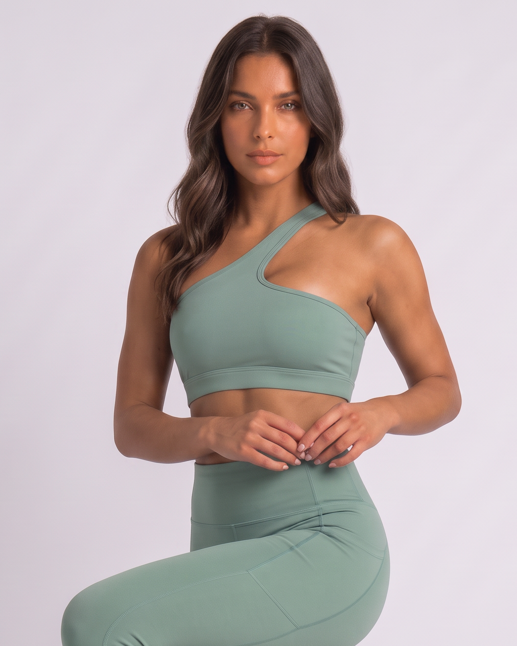 A woman modeling a matching sage green activewear set consisting of a one-shoulder sports bra and high-waisted leggings, paired with white sneakers, against a light gray studio background.
