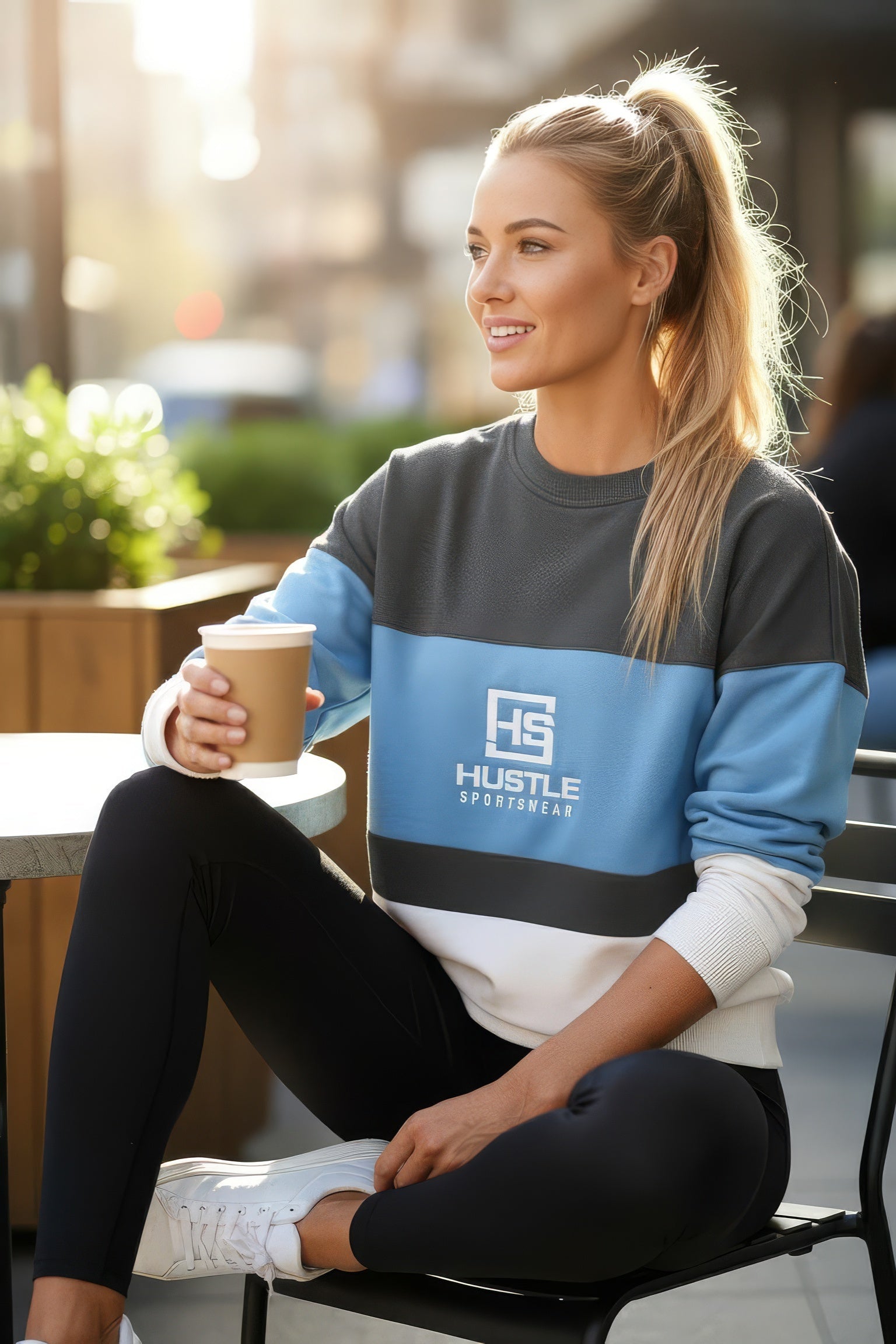 Woman sitting outdoors holding a coffee cup, wearing a branded sweatshirt.
