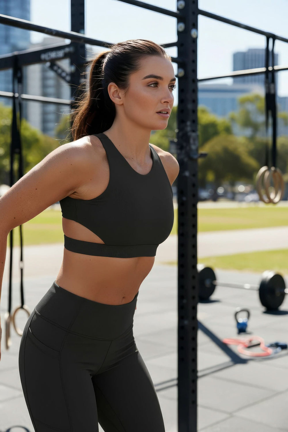 Woman in athletic wear standing outdoors with fitness equipment in the background