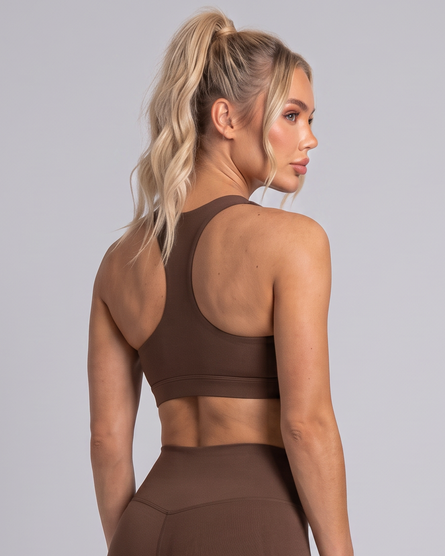 A woman modeling a matching brown activewear set, featuring a sports bra and high-waisted capri leggings, shown from a rear three-quarter angle against a light gray studio background.